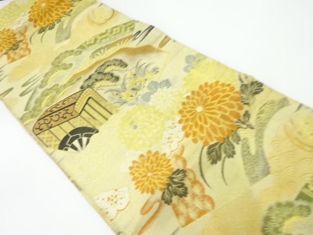 JAPANESE KIMONO / ANTIQUE MARU OBI / WOVEN CARRIAGE WITH PINE & KIKU